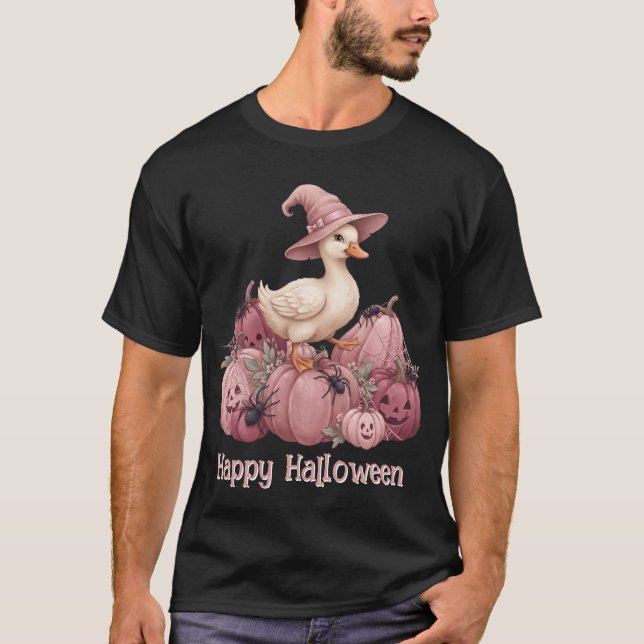 Glad Halloween Söt Häxa Anka & Rosa Pumpa T Shirt (Framsida)