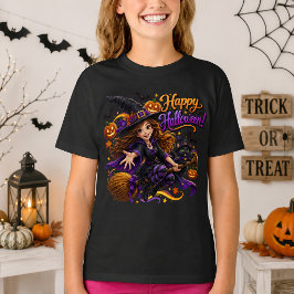Glad Halloween Söt Häxa Svart Katt Flygande Kvast T Shirt
