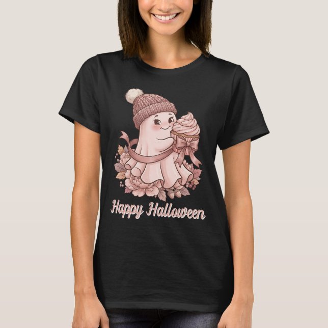 Glad Halloween Söt Höstskörd Spöke & Cupcake T Shirt (Framsida)