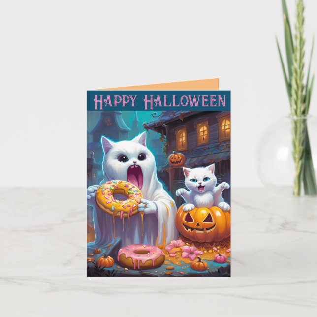 Glad Halloween -Söt kattunge och spöke äter Donuts Anteckningskort (Framsida)