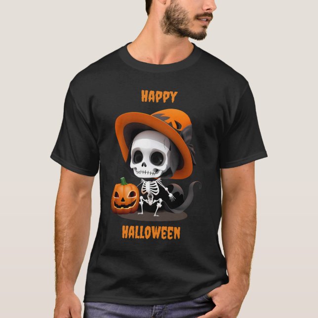 Glad Halloween Söt Kawaii Skelett & Pumpa T Shirt (Framsida)