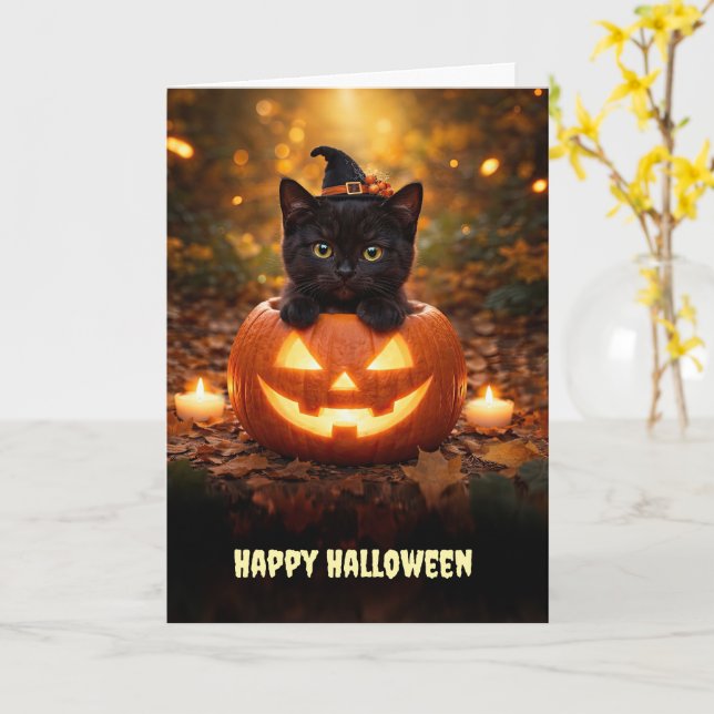 Glad Halloween Söt Liten Svart Kattunge Kort (Gul blomma)