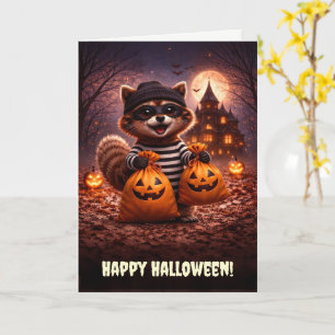 Glad Halloween Söt och rolig tvättbjörn bus eller Kort