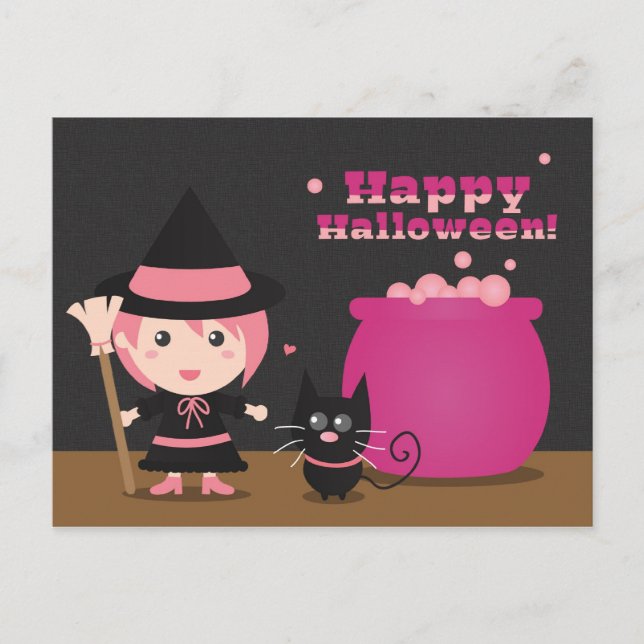 Glad Halloween, söt rosa häxa och svart katt Vykort (Framsida)