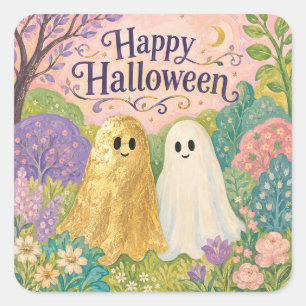 Glad Halloween Söt Spök Blomster Trädgård Fyrkantigt Klistermärke