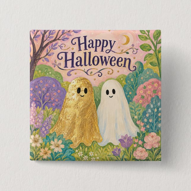 Glad Halloween Söt Spök Blomster Trädgård Knapp (Framsida)