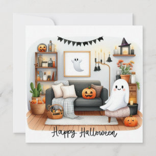 Glad Halloween Söt Spöke i Sitt Hus Julkort