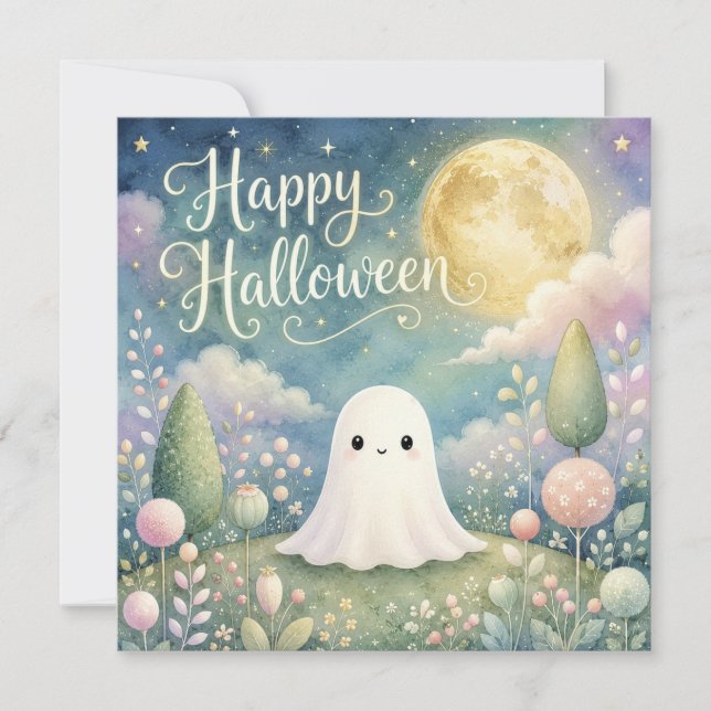 Glad Halloween Söt Spökliknande Pastellträdgård Kort (Framsida)