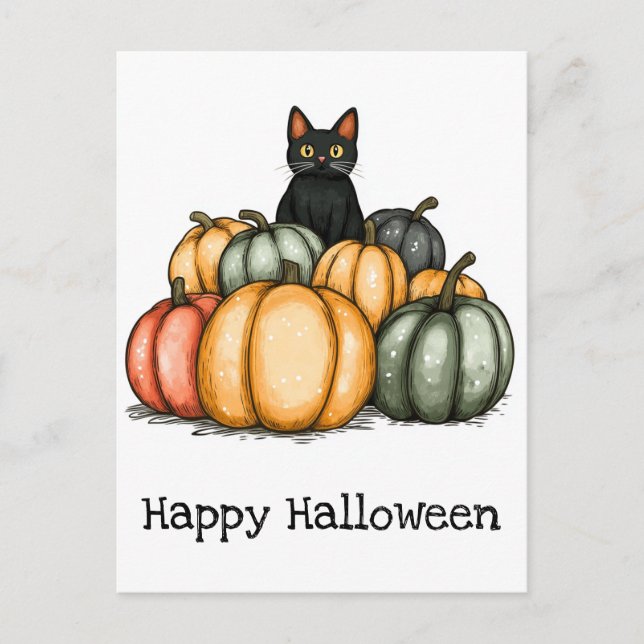 Glad Halloween Söt Svart Katt Pumpa Vykort (Framsida)