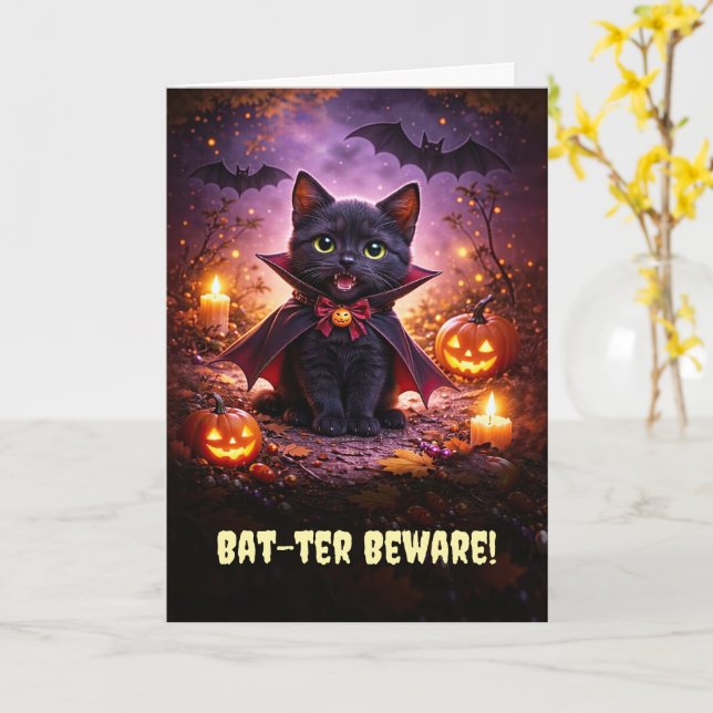 Glad Halloween Söt vampyr kattunge med fladdermöss Kort (Gul blomma)