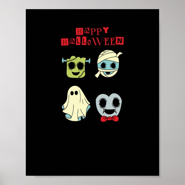 Glad Halloween söta monster svart vägg affisch  (Framsidan)
