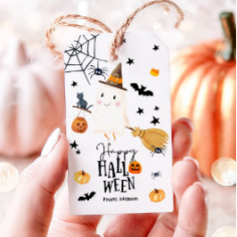 Glad Halloween Spök Kvast Spindel Pumpa Fladdermus Presentetikett