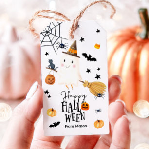Glad Halloween Spök Kvast Spindel Pumpa Fladdermus Presentetikett