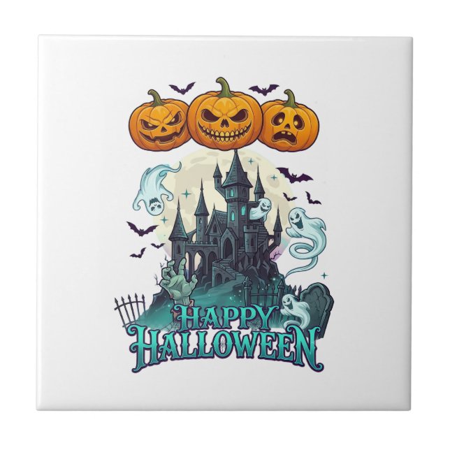 Glad Halloween Spök Slott Pumpa Spöken_1 Kakelplatta (Framsidan)