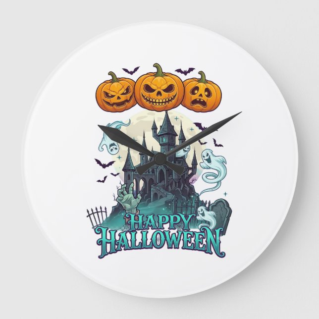 Glad Halloween Spök Slott Pumpa Spöken_1 Stor Klocka (Framsida)