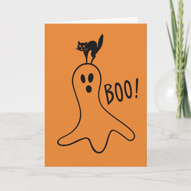 Glad Halloween Spök Svart Katt Söt Orange Kort (Framsida)