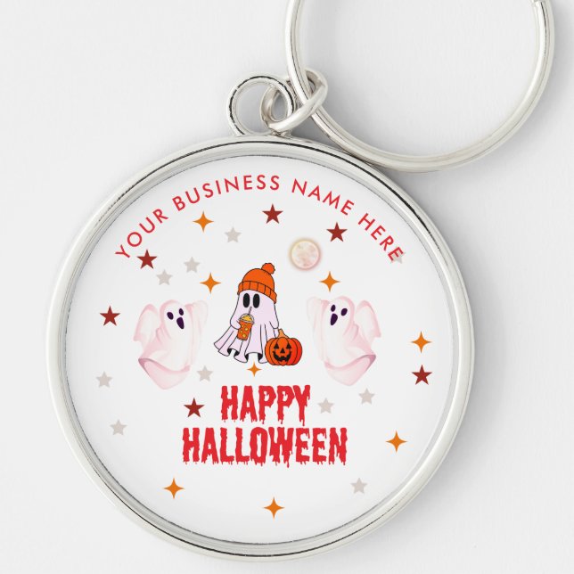 Glad Halloween Spöke Söt & Anpassningsbar Rund Silverfärgad Nyckelring (Framsidan)