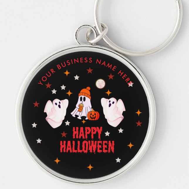 Glad Halloween Spöke Söt & Anpassningsbar Rund Silverfärgad Nyckelring (Framsidan)