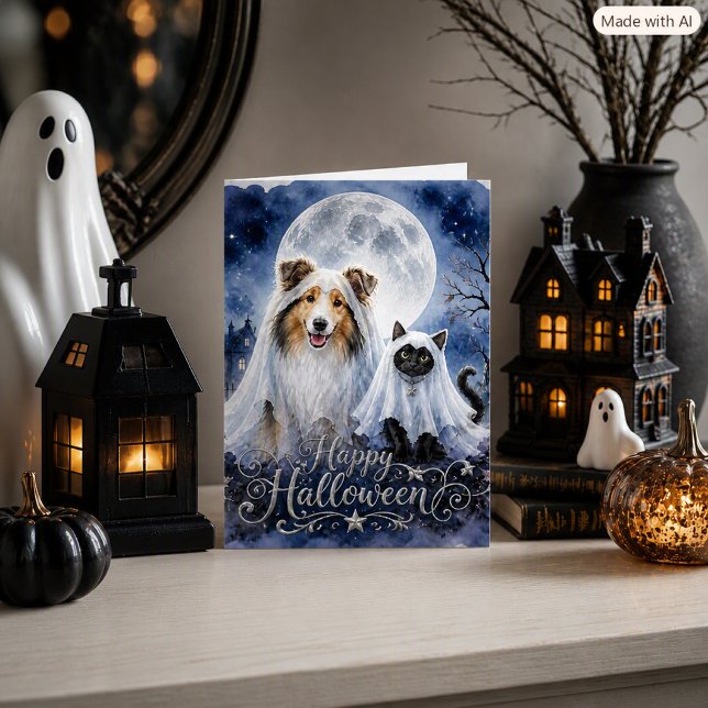 Glad Halloween-spöken Collie & Katt Vikad Kort (Skapare uppladdad)