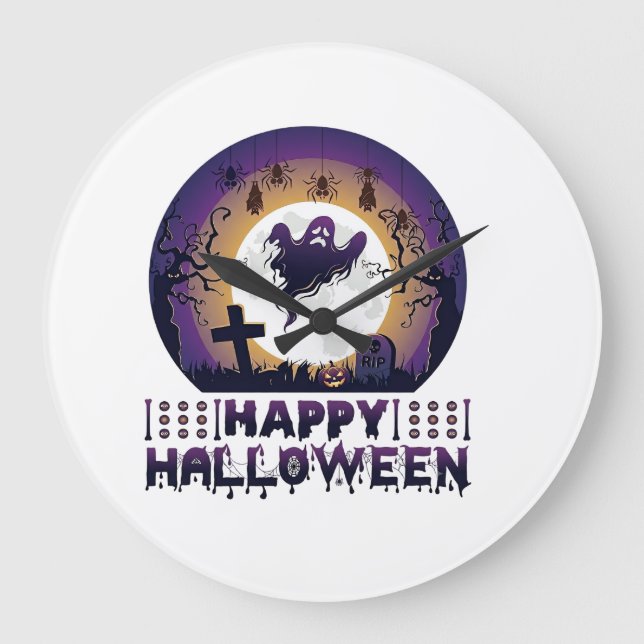 Glad Halloween Spökfladdermöss Spindlar_1 Stor Klocka (Framsida)