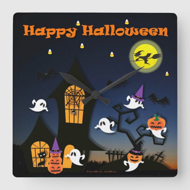 Glad Halloween Spökhus Fyrkantig Klocka (Framsida)
