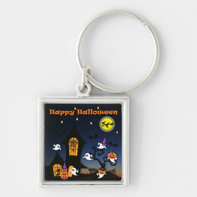 Glad Halloween Spökhus Fyrkantig Silverfärgad Nyckelring (Framsidan)