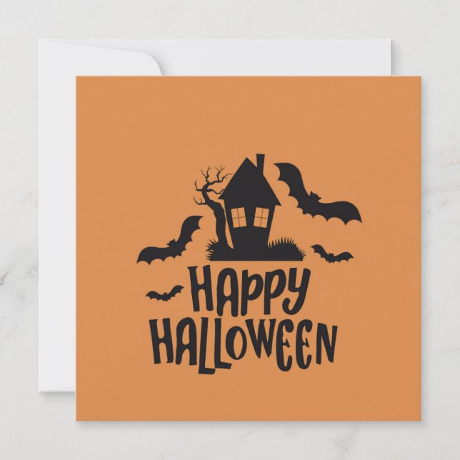 Glad Halloween spökhus kuslig fladdermus orange Julkort (Framsida)
