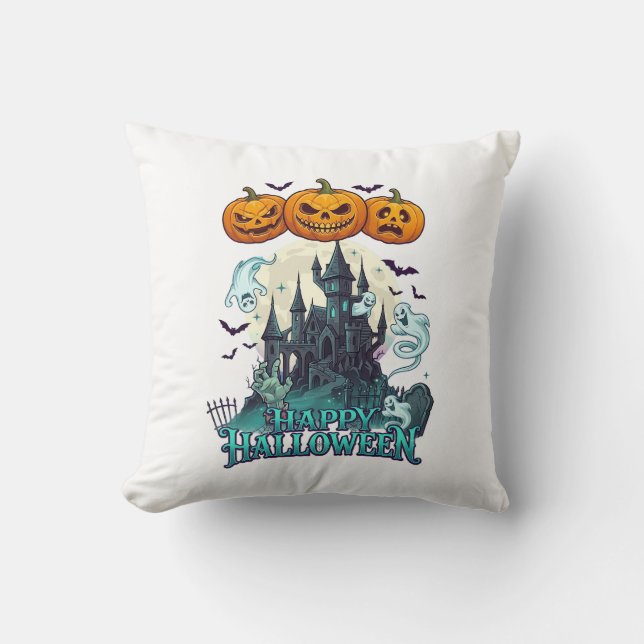 Glad Halloween Spökhus Pumpa Spöken_1 Kudde (Framsida)