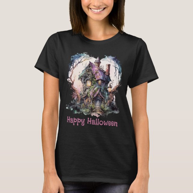 Glad Halloween Spökhus Svart Halloween T Shirt (Framsida)