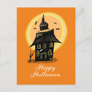 Glad Halloween Spökhus Svart Orange Vykort