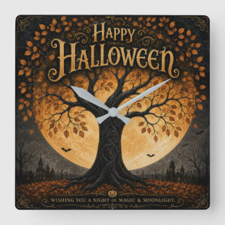 Glad Halloween Spöklik Träd Fullmåne Gotisk Fyrkantig Klocka