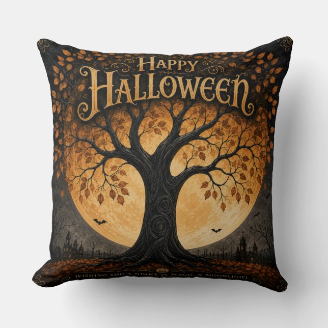 Glad Halloween Spöklik Träd Fullmåne Gotisk Kudde (Framsida)