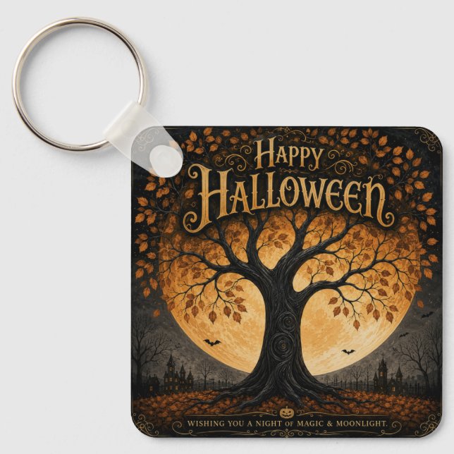 Glad Halloween Spöklik Träd Fullmåne Gotisk Nyckelring (Framsida)