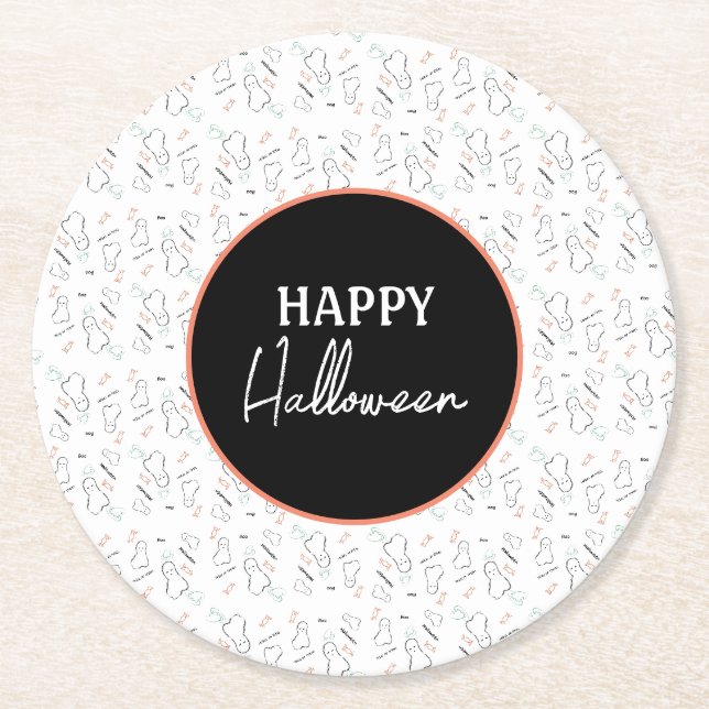 Glad Halloween Spökliknande Godis Handritad Doodle Underlägg Papper Rund (Framsidan)
