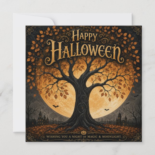 Glad Halloween Spökliknande Träd Fullmåne Gotisk Kort (Framsida)