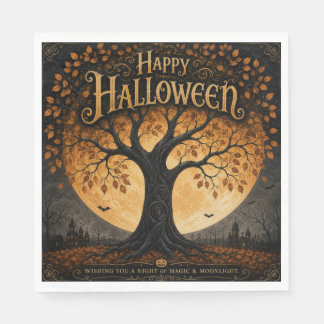 Glad Halloween Spökliknande Träd Fullmåne Gotisk Pappersservett