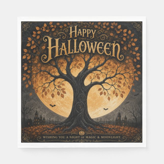 Glad Halloween Spökliknande Träd Fullmåne Gotisk Pappersservett (Framsidan)