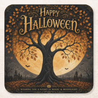 Glad Halloween Spökliknande Träd Fullmåne Gotisk Underlägg Papper Kvadrat