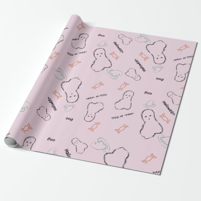 Glad Halloween Spöktis Handritad Teckning Doodle  Presentpapper (Utrullad)