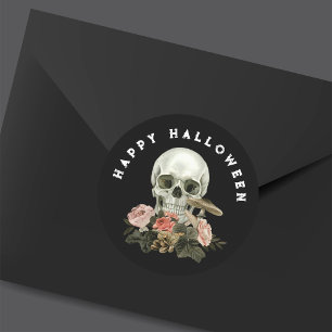 Glad Halloween Svart Dödskalle Rosa Blommor Runt Klistermärke