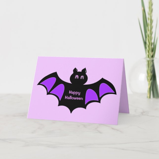 Glad Halloween Svart Fladdermus på Violetta Hälsni Kort (Framsida)