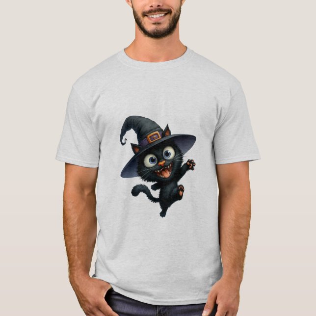 Glad Halloween Svart Häxa Katt Vinkar ✨🐾🎃 T Shirt (Framsida)