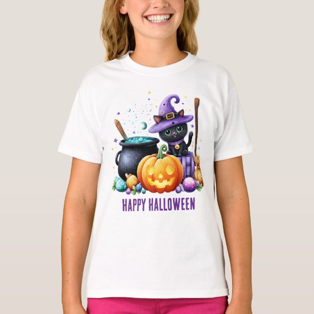 Glad Halloween Svart Häxkatt T Shirt (Framsida)