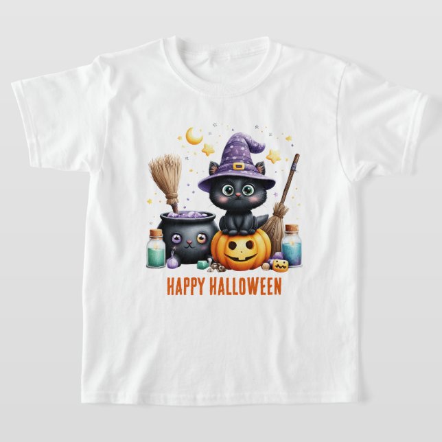 Glad Halloween Svart Häxkatt T Shirt (Laydown)