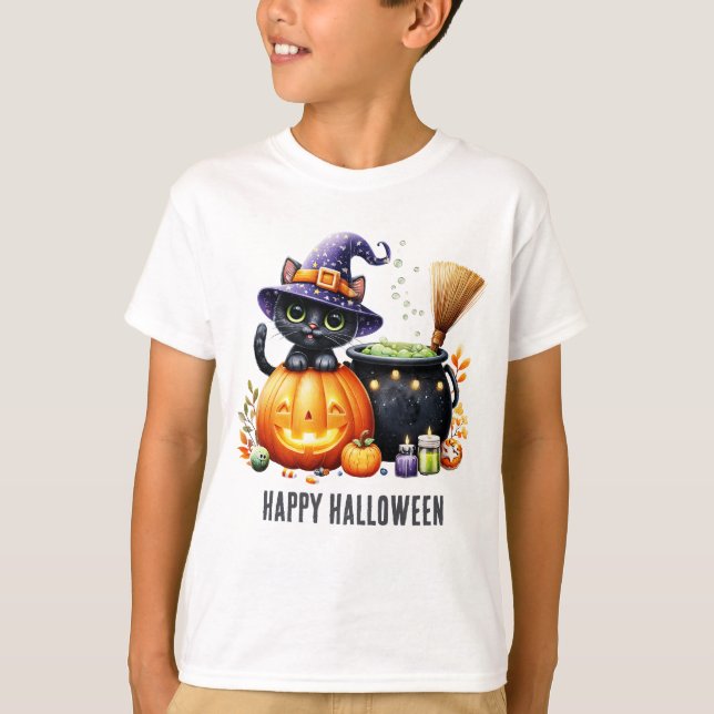 Glad Halloween Svart Häxkatt T Shirt (Framsida)