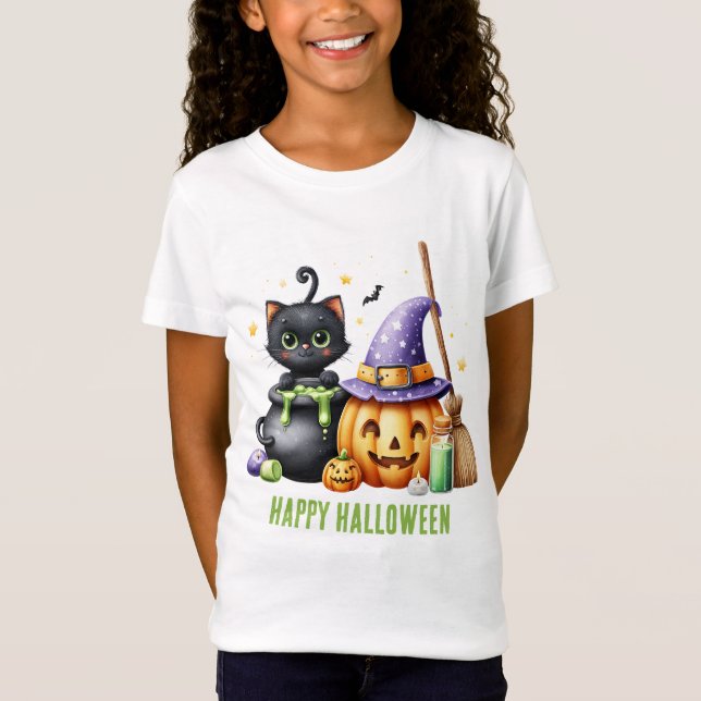 Glad Halloween Svart Häxkatt T Shirt (Framsida)