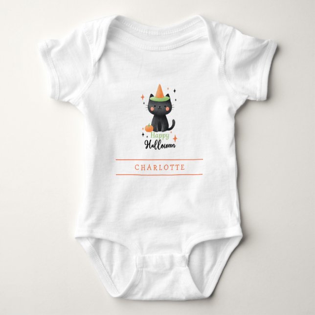 Glad Halloween Svart Katt Anpassad Baby Bodysuit T Shirt (Framsida)