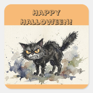 Glad Halloween Svart Katt Fyrkantiga Klistermärken