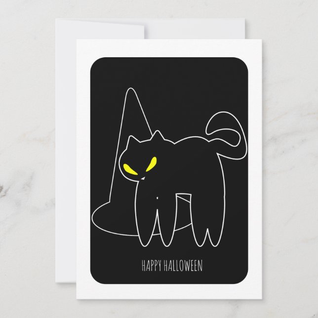 Glad Halloween Svart Katt Häxa Hatt Kort (Framsida)
