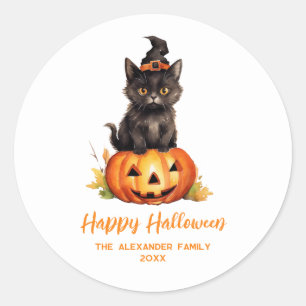 Glad Halloween Svart Katt Häxa Hatt Pumpa Runt Klistermärke